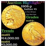 *Highlight* 1908-p Gold Indian Half Eagle $5 Choic