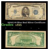 1934A $5 Blue Seal Silver Certificate Grades vf+