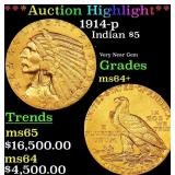*Highlight* 1914-p Gold Indian Half Eagle $5 ms64+