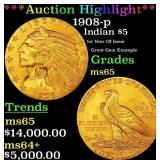 *Highlight* 1908-p Gold Indian Half Eagle $5 ms65