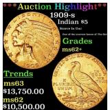 *Highlight* 1909-s Gold Indian Half Eagle $5 ms62+