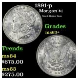 1891-p Morgan Dollar $1 Grades ms63+