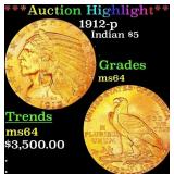 *Highlight* 1912-p Gold Indian Half Eagle $5 ms64