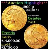 *Highlight* 1909-p Gold Indian Half Eagle $5 ms64+
