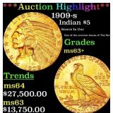 *Highlight* 1909-s Gold Indian Half Eagle $5 ms63+
