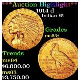 *Highlight* 1914-d Gold Indian Half Eagle $5 ms63+