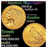 *Highlight* 1914-p Gold Indian Half Eagle $5 ms64+