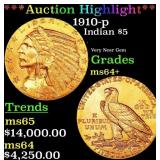 *Highlight* 1910-p Gold Indian Half Eagle $5 ms64+