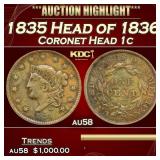 1835 Head of 1836 Coronet Head Large Cent 1c au58