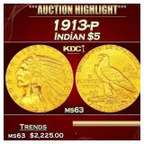 1913-p Gold Indian Half Eagle $5 ms63 USCG