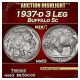 1937-d 3 Leg Buffalo Nickel 5c ms63 USCG