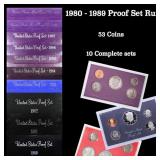 1980-1989 Proof Set Run 53 Coins 10 Complete Sets