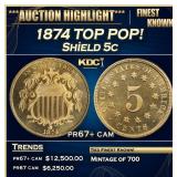 1874 Proof Shield Nickel TOP POP! 5c pr67+ cam SEG