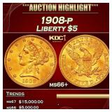 1908-p Gold Liberty Half Eagle $5 ms66+ SEGS