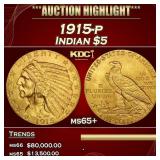 1915-p Gold Indian Half Eagle $5 ms65+ USCG