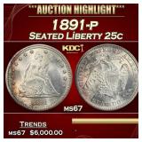 1891-p Seated Liberty Quarter 25c ms67 SEGS
