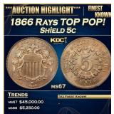 1866 Rays Shield Nickel TOP POP! 5c ms67 SEGS