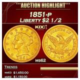 1851-p Gold Liberty Quarter Eagle $2 1/2 ms62 USCG
