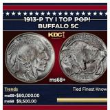 1913-p Ty I Buffalo Nickel TOP POP! 5c ms68+ SEGS