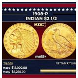 1908-p Gold Indian Quarter Eagle $2 1/2 ms65+ SEGS