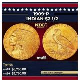 1909-p Gold Indian Quarter Eagle $2 1/2 ms65 SEGS