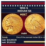1910-s Gold Indian Half Eagle $5 Choice Unc USCG