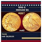 1916-s Gold Indian Half Eagle $5 Select Unc USCG