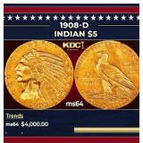 1908-d Gold Indian Half Eagle $5 Choice Unc USCG