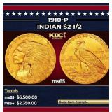 1910-p Gold Indian Quarter Eagle $2 1/2 ms65 SEGS