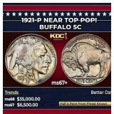1921-p Buffalo Nickel Near Top Pop! 5c ms67+ SEGS