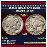 1921-p Buffalo Nickel Near Top Pop! 5c ms67 SEGS