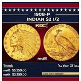 1908-p Gold Indian Quarter Eagle $2 1/2 ms65 SEGS