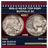 1915-d Buffalo Nickel Near Top Pop! 5c ms66 SEGS