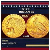 1915-p Gold Indian Half Eagle $5 Choice Unc USCG