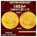 1853-p Gold Liberty Quarter Eagle $2 1/2 ms64 SEGS