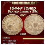 1844-p Seated Liberty Quarter Toned 25c ms62 USCG