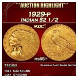 1929-p Gold Indian Quarter Eagle $2 1/2 ms65+ SEGS