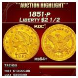 1851-p Gold Liberty Quarter Eagle $2 1/2 ms64+ SEG