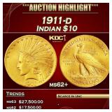 1911-d Gold Indian Eagle $10 ms62+ USCG