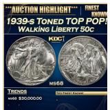 1939-s Walking Liberty Half Dollar Toned TOP POP!