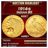 1914-s Gold Indian Half Eagle $5 ms62+ USCG