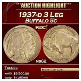 1937-d 3 Leg Buffalo Nickel 5c ms62 USCG