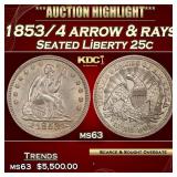 1853/4 arrow & rays Seated Liberty Quarter 25c ms6