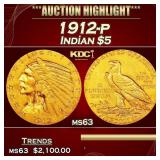 1912-p Gold Indian Half Eagle $5 ms63 USCG