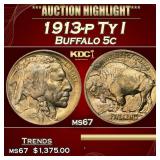 1913-p Ty I Buffalo Nickel 5c ms67 SEGS
