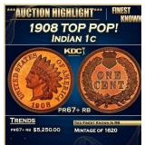 1908 Proof Indian Cent TOP POP! 1c pr67+ rb SEGS
