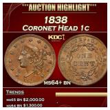 1838 Coronet Head Large Cent 1c ms64+ bn USCG