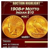 1908-p Motto Gold Indian Eagle $10 ms65+ SEGS