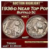 1936-d Buffalo Nickel Near Top Pop 5c ms67 SEGS