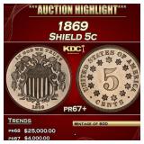 1869 Proof Shield Nickel 5c Grades pr67+